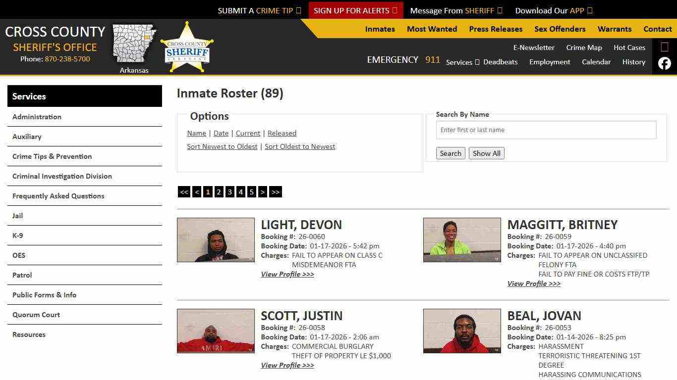 Inmate Roster - Current Inmates Booking Date Descending - Cross County Sheriff AR
