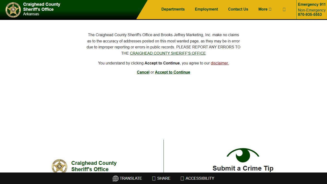 Most Wanted Disclaimer - Craighead County Arkansas Sheriff's Office | Jonesboro - Lake City